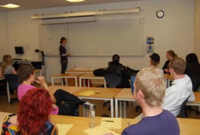 Mette er igang ved tavlen i sin gruppe
